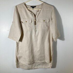 Womens Ellen Tracy Linen Tunic‎ Roll Sleeve 1/2 Zip Pockets Tan S #1